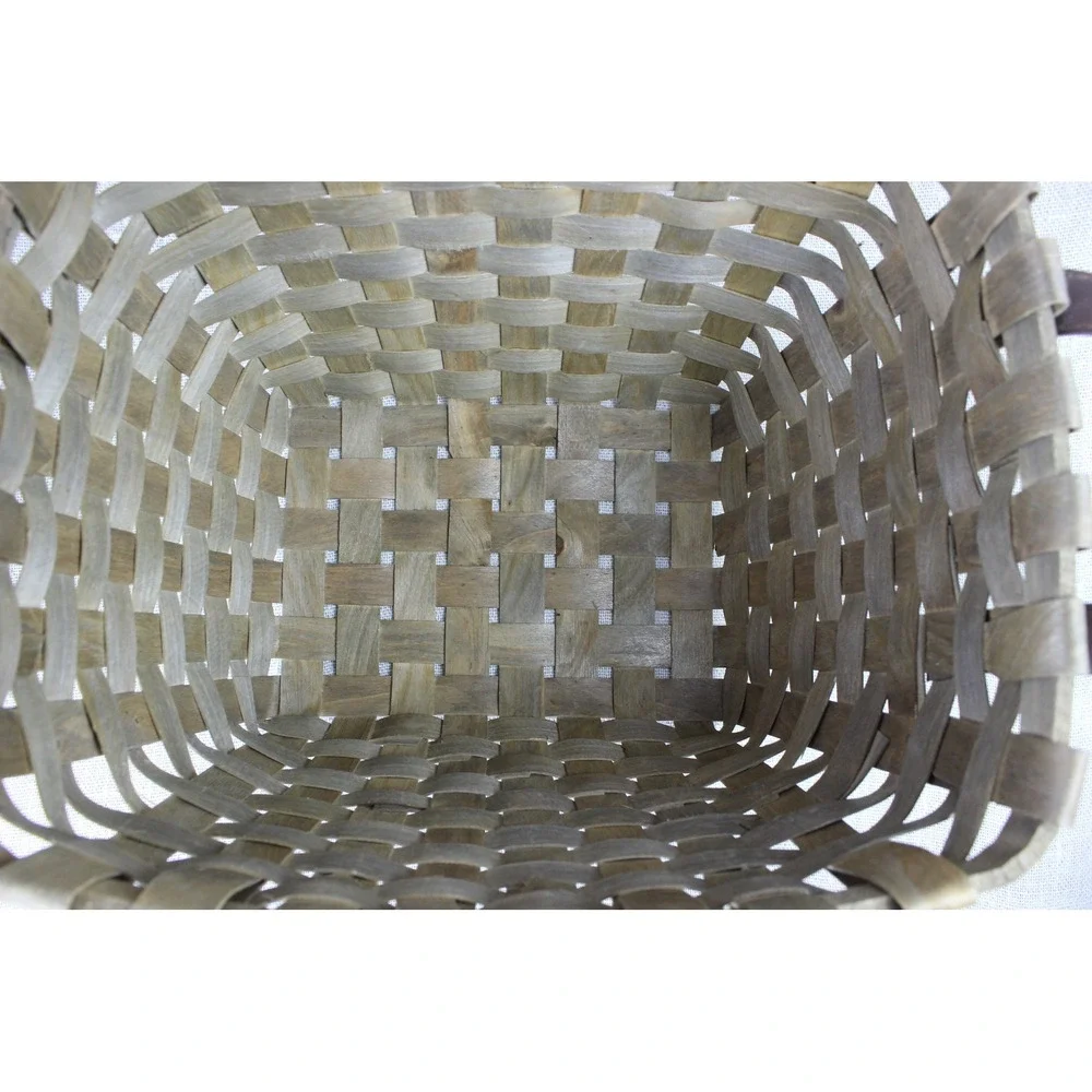 Rustic Woven Wood Splint Basket with Leather Handles Farmhouse Decor